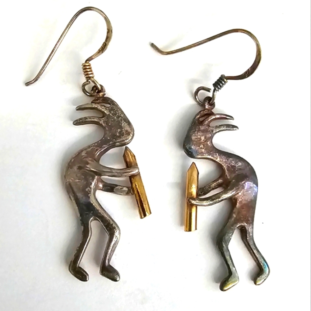 Vintage Kokopelli earrings Sterling Silver and brass Southwestern native